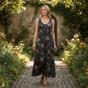 Jamie Brooke Womens Maxi Dress Floral Sleeveless Brown Rayon Size 16 Vintage